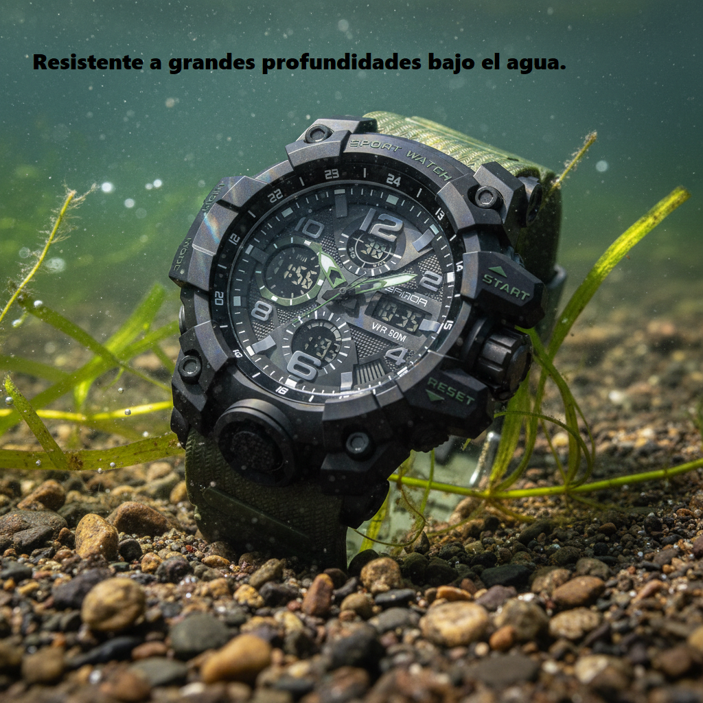 zn Reloj deportivo de estilo militar en negro con verde
