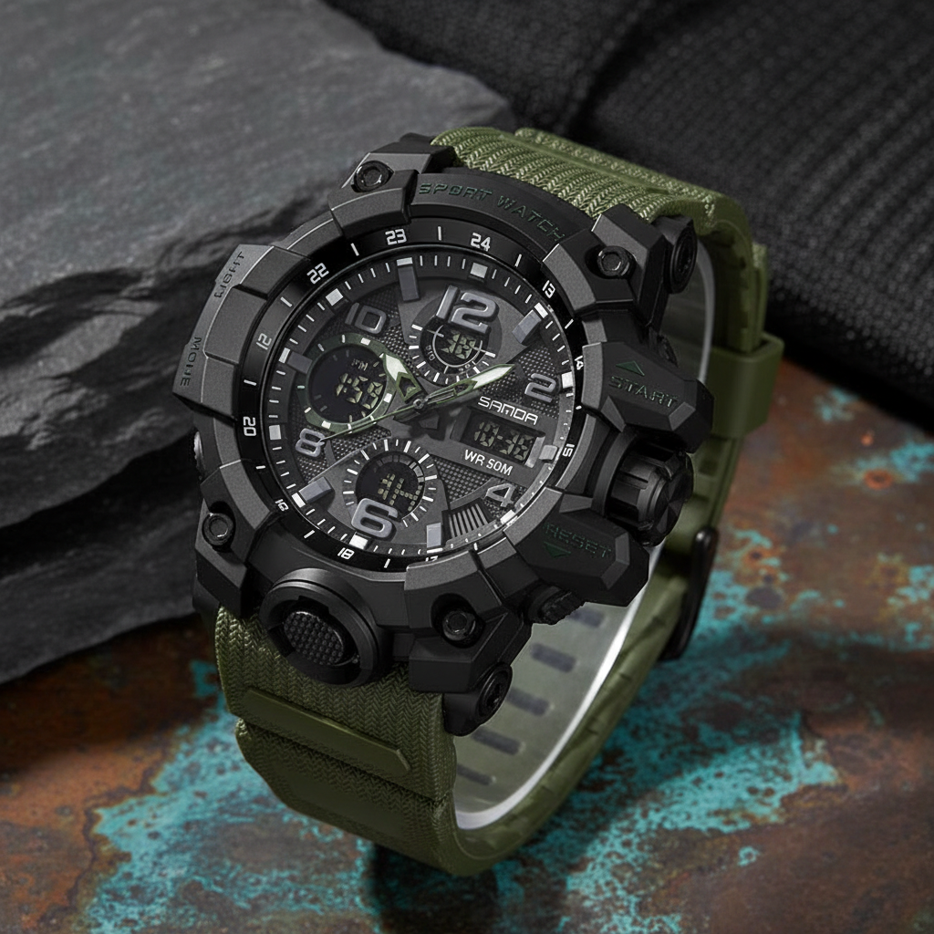 zn Reloj deportivo de estilo militar en negro con verde