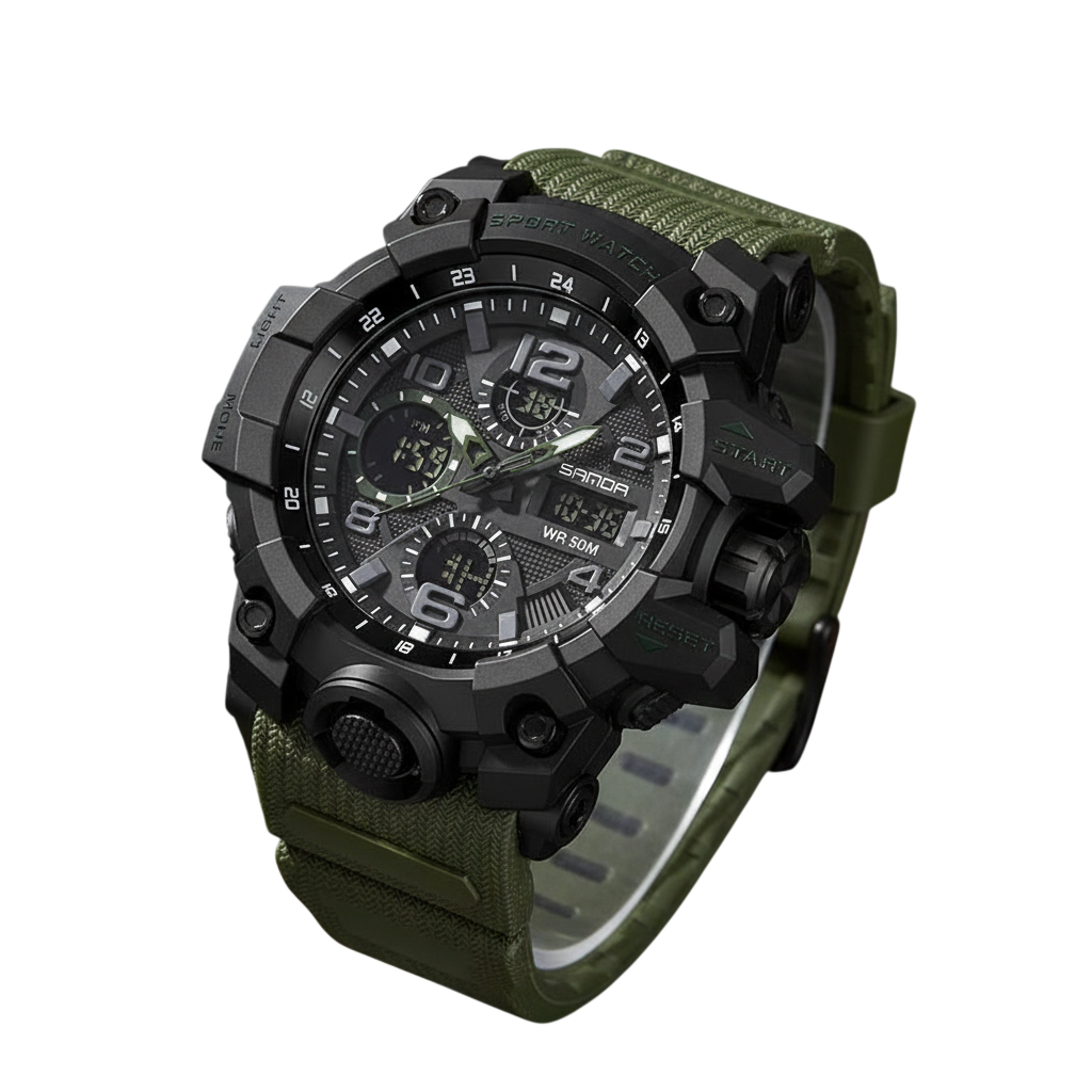 zn Reloj deportivo de estilo militar en negro con verde
