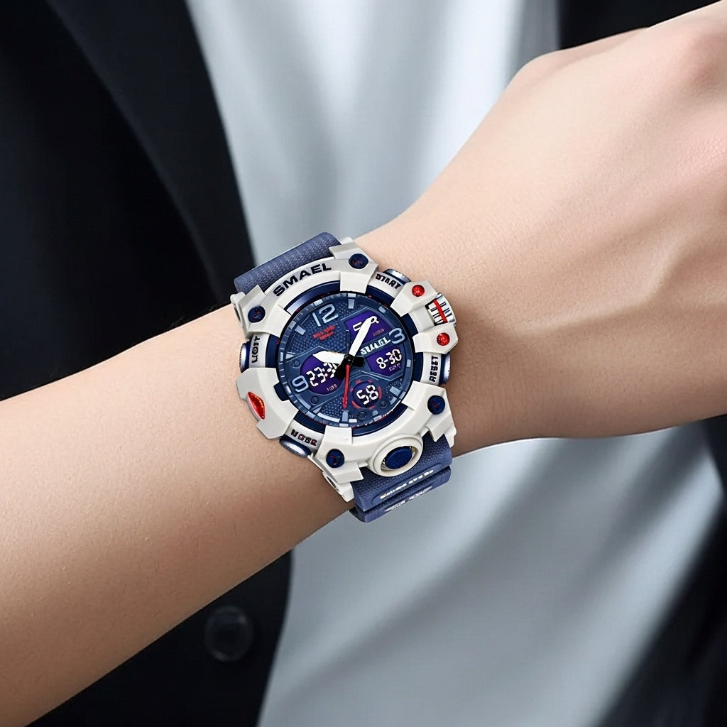 Reloj SMAEL digital deportivo LED azul y blanco.