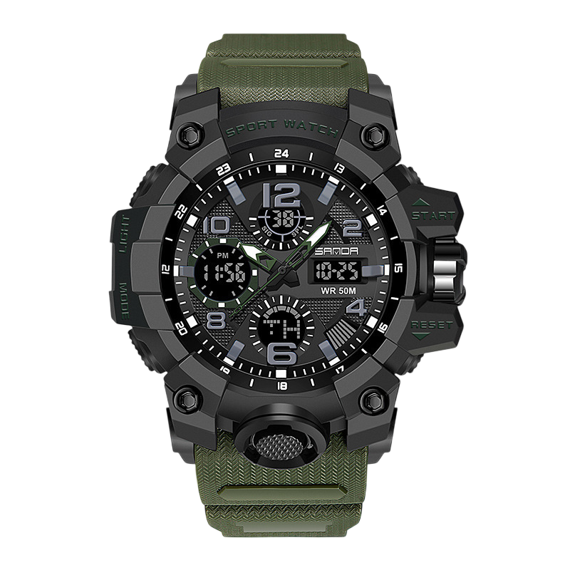 zn Reloj deportivo de estilo militar en negro con verde