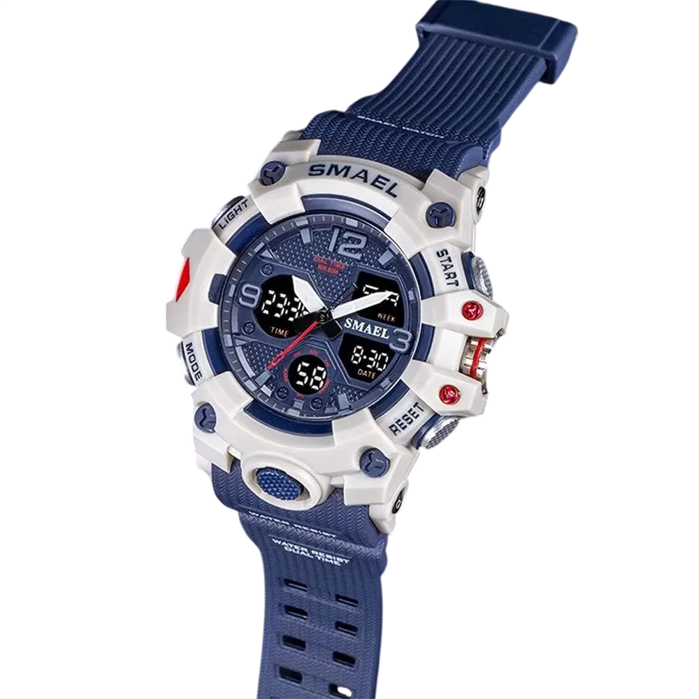 Reloj SMAEL digital deportivo LED azul y blanco.