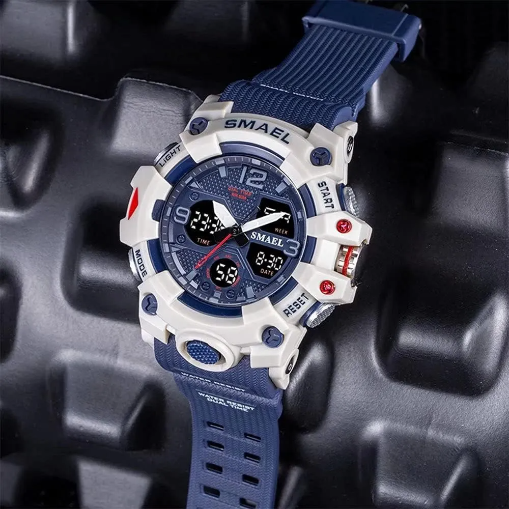 Reloj SMAEL digital deportivo LED azul y blanco.