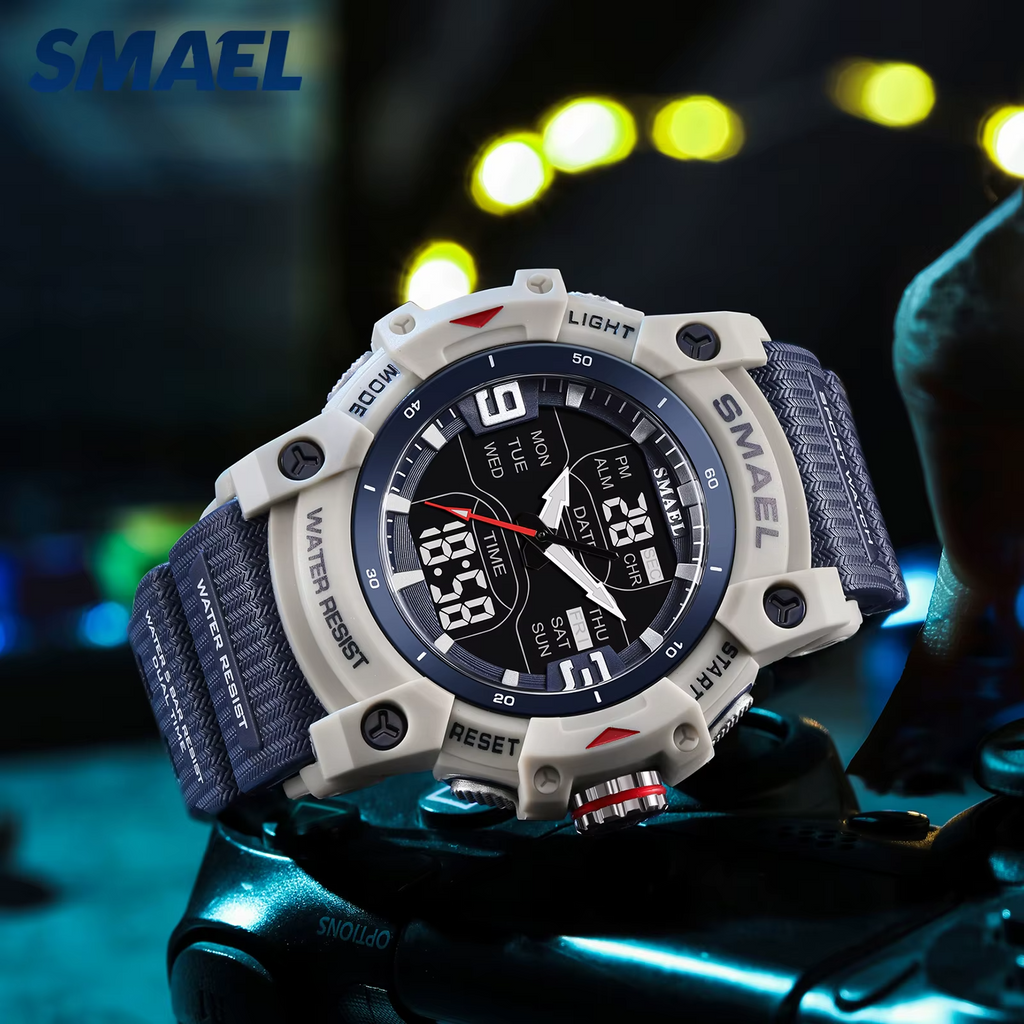 Reloj SMAEL digital deportivo LED azul y blanco.