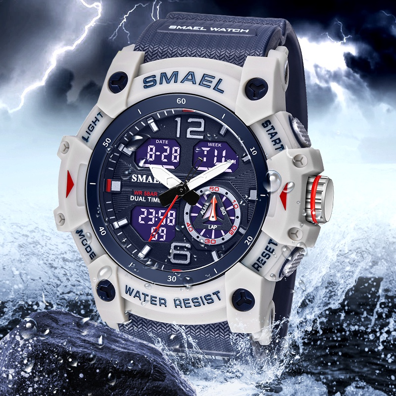 Reloj SMAEL digital deportivo LED azul y blanco.